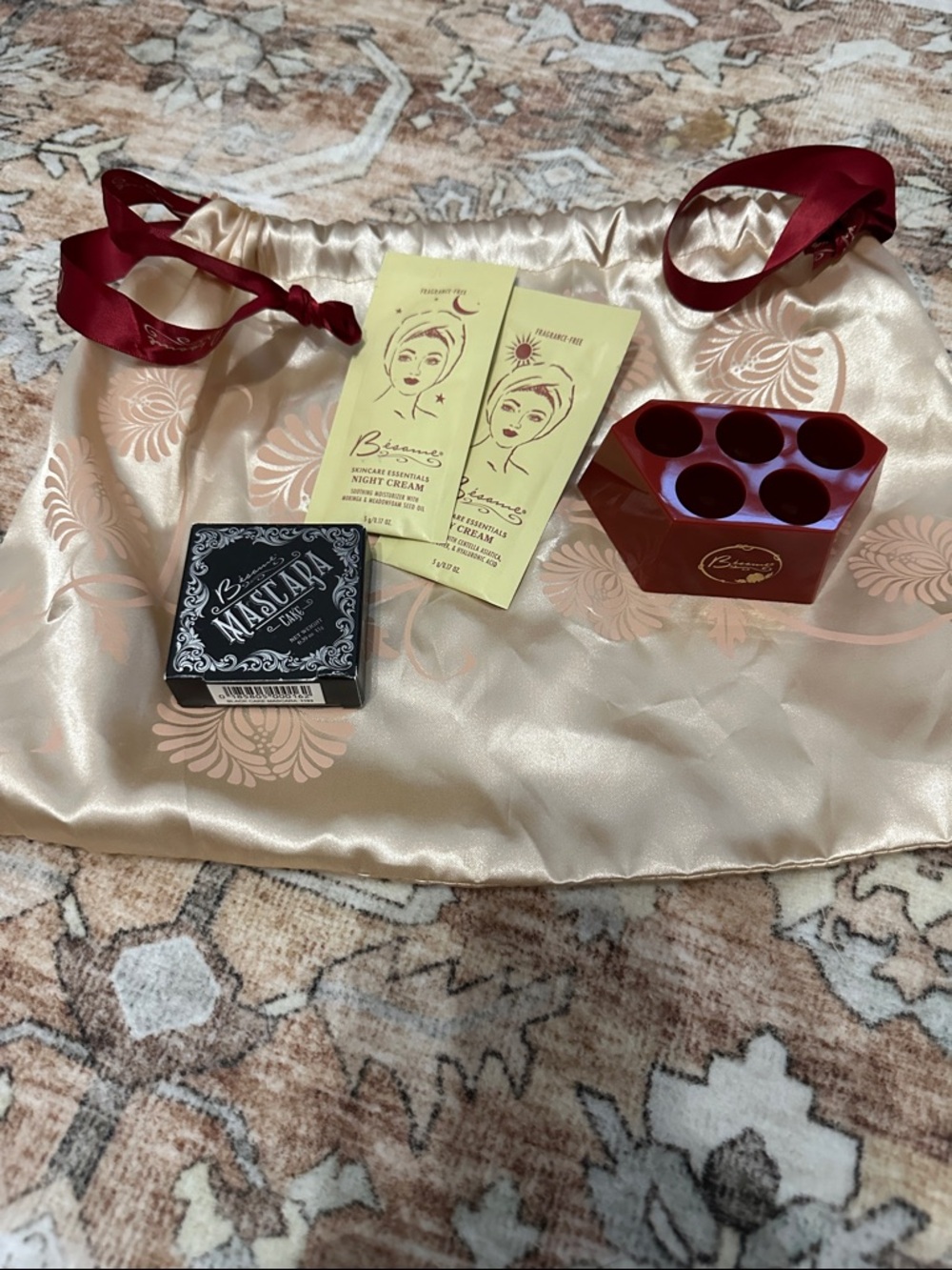 Besame Cosmetics Rare Mascara Cake, day and night cream and lipstick holder